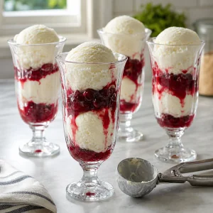 Gelato alla vaniglia e salsa di ciliegie a strati nei bicchieri