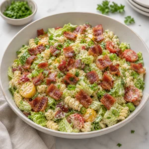 BLT-Nudelsalat in einer Servierschüssel mit knusprigem Bacon obenauf