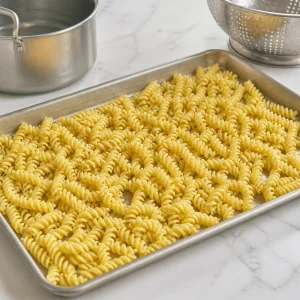 Gekochte kurze Pasta kühlt ausgebreitet auf einem Blech ab