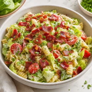 Ensalada de pasta BLT terminada con beicon, lechuga romana, tomates y aliño cremoso
