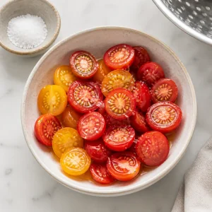 Halbierte Kirschtomaten mit Salz in einer kleinen Schüssel