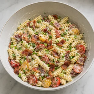Pasta, Tomaten, Frühlingszwiebeln, Petersilie und Bacon mit cremigem Dressing