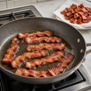 Dicker Bacon brät in einer Pfanne knusprig