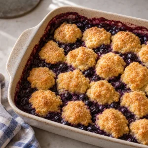 Baked blueberry cobbler bubbling around golden biscuits