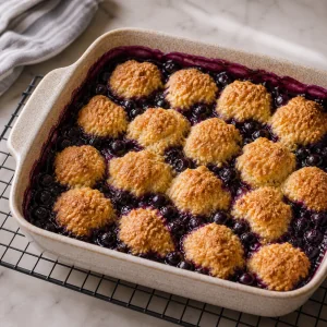 Baked blueberry cobbler resting on a cooling rack