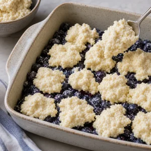 Biscuit dough spooned over blueberry filling