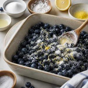 Blueberries mixed with sugar, lemon, and cornstarch