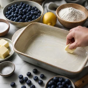Buttered baking dish ready for blueberry cobbler
