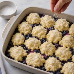 Coarse sugar sprinkled over biscuit topping