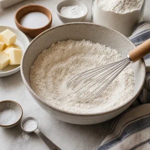 Dry biscuit ingredients whisked in a bowl