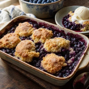 Finished blueberry cobbler with golden biscuit topping