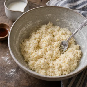 Soft shaggy biscuit dough in a mixing bowl