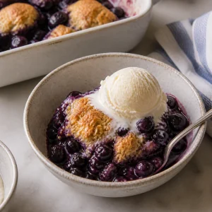 Warm blueberry cobbler served with vanilla ice cream