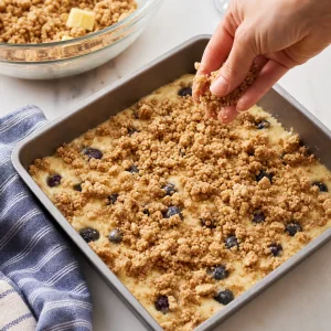 Cobertura de crumble com canela e açúcar mascavado espalhada sobre a massa de mirtilos