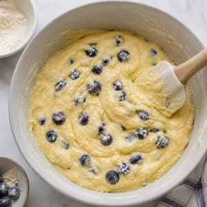 Blueberries folded into thick cornmeal cake batter