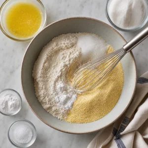 Dry flour and cornmeal mixture with melted butter nearby