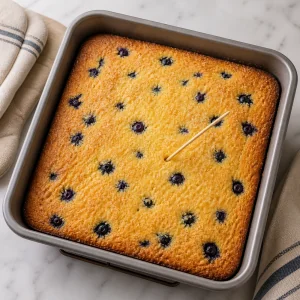 Golden baked blueberry cornmeal cake with a tester in the center