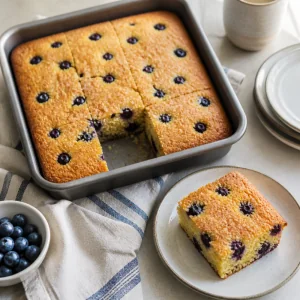 Sliced blueberry cornmeal cake with one square served on a plate