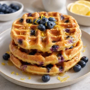 Blueberry lemon ricotta waffles drizzled with honey glaze.