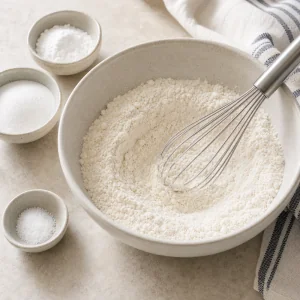 Dry waffle ingredients whisked together in a mixing bowl.