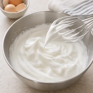 Egg whites beaten into glossy stiff peaks in a metal bowl.