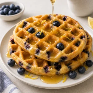Warm blueberry ricotta waffles served with honey lemon glaze.