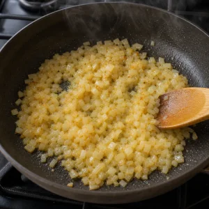Cipolla tritata che cuoce nell’olio fino a dorarsi leggermente
