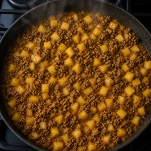 Patate a dadini che sobbollono nel ripieno di manzo sugoso