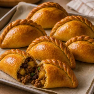 Salteñas appena sfornate e lucide che riposano in piedi