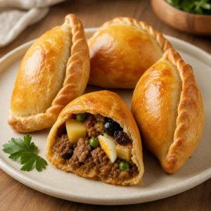 Goldbraune bolivianische Salteñas mit Rindfleisch-Kartoffel-Füllung