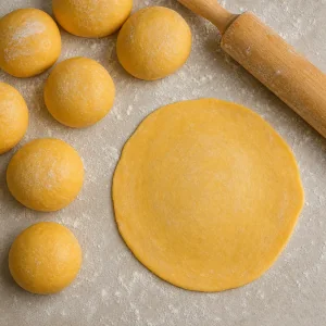 Palline di impasto per salteñas e un disco steso su un piano infarinato