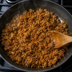 Manzo macinato speziato che cuoce con cipolle in padella
