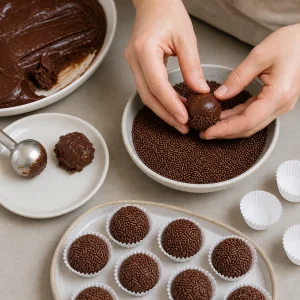 Una bolita de brigadeiro cubierta con granillo de chocolate