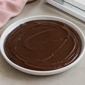 Una capa firme de brigadeiro de chocolate enfriandose en un plato