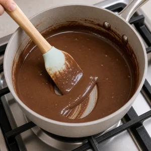 Mezcla de chocolate removida en una cacerola