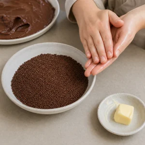 Granillo de chocolate en un cuenco con manos untadas de mantequilla al lado