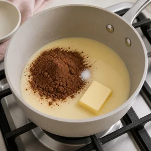 Leche condensada, cacao, mantequilla y sal en una cacerola