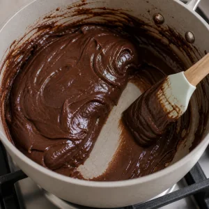 Mezcla espesa y brillante de brigadeiro separandose de la cacerola