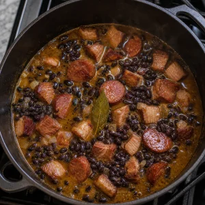Fagioli neri, maiale, salsiccia e brodo che sobbollono in pentola