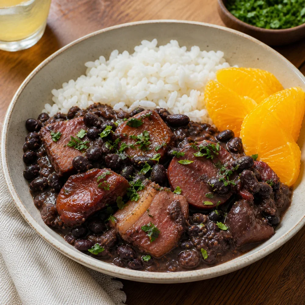Bol de feijoada brésilienne avec riz et quartiers d’orange