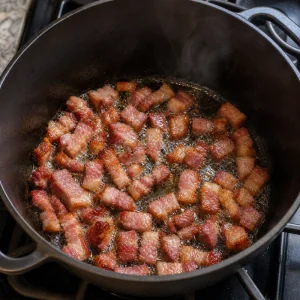 Pancetta a dadini che rosola in una casseruola