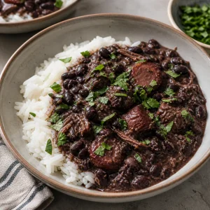 Feijoada versée sur du riz blanc avec des herbes hachées