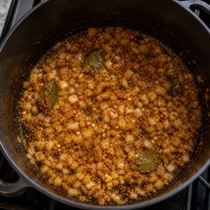 Cipolla e spezie che cuociono con alloro in una casseruola