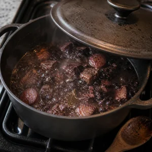 Marmite partiellement couverte de ragoût de haricots noirs et de porc