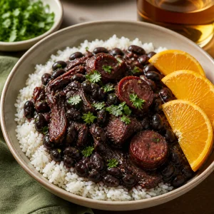 Feijoada servita con riso e fette di arancia fresca