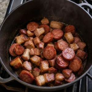 Salsiccia affumicata e maiale che rosolano in una casseruola