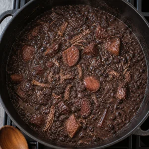 Feijoada densa e lucida che sobbolle senza coperchio