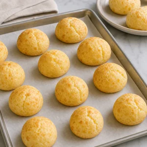 Freshly baked golden pao de queijo on a tray