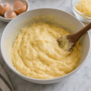 Glossy sticky tapioca batter after eggs are mixed in