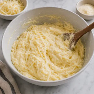 Grated cheese folded into glossy tapioca batter